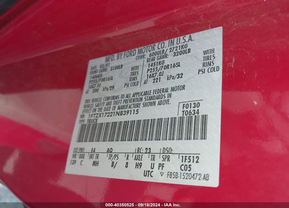 2001 FORD F-150 XL/XLT VIN: 1FTZX17221NB39115