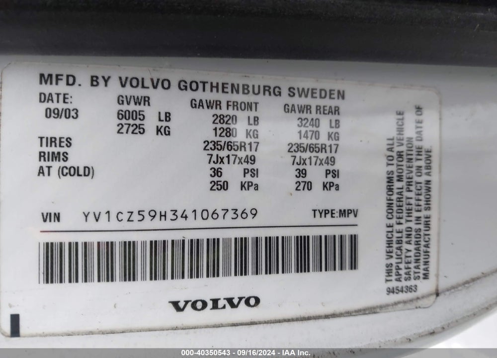2004 VOLVO XC90 2.5T AWD VIN: YV1CZ59H341067369