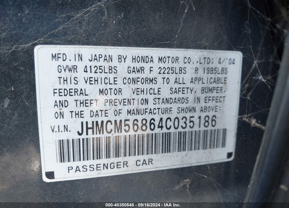 2004 HONDA ACCORD 2.4 EX VIN: JHMCM56864C035186