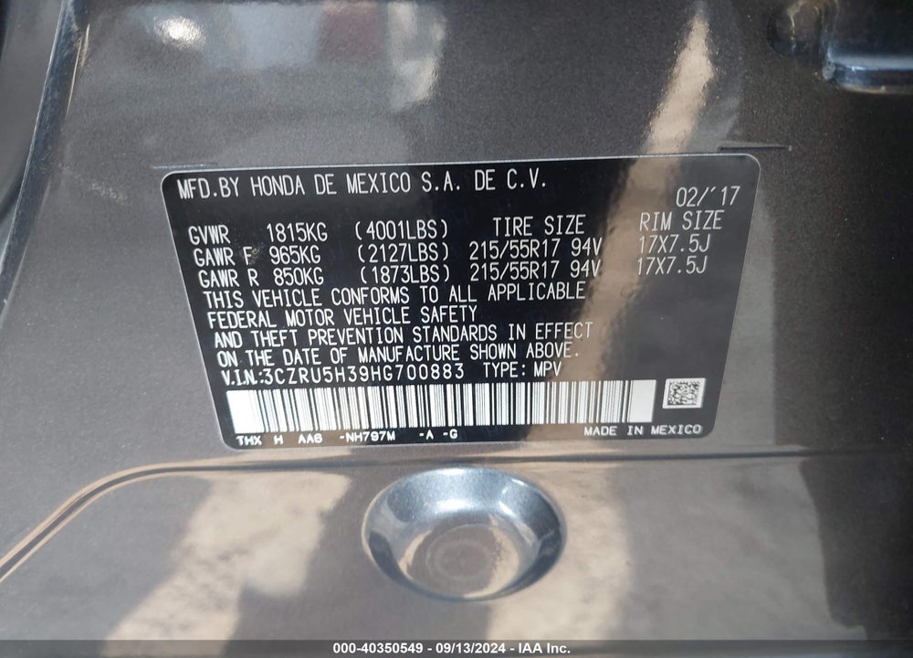 2017 HONDA HR-V LX VIN: 3CZRU5H39HG700883