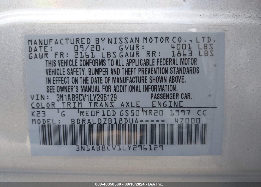 2020 NISSAN SENTRA SV XTRONIC CVT VIN: 3N1AB8CV1LY296129