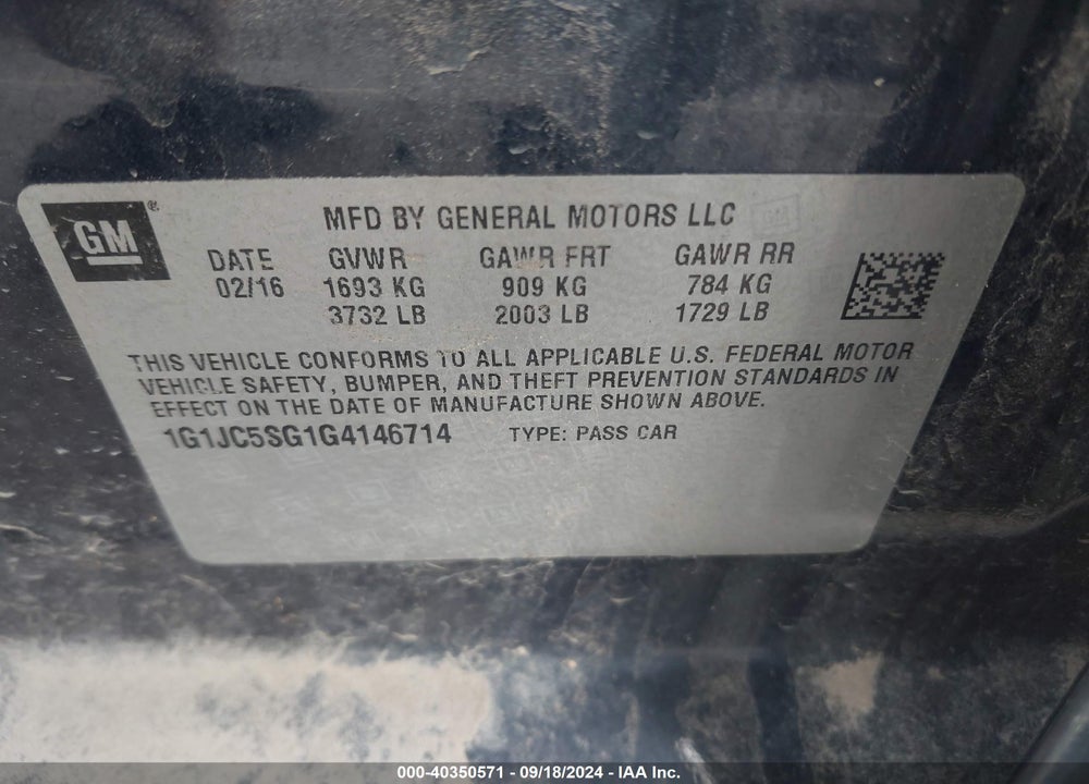 2016 CHEVROLET SONIC LT AUTO VIN: 1G1JC5SG1G4146714