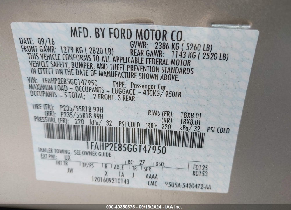 2016 FORD TAURUS SEL VIN: 1FAHP2E85GG147950