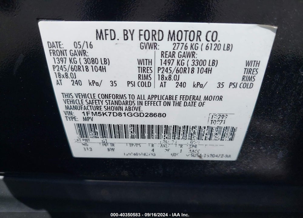 2016 FORD EXPLORER XLT VIN: 1FM5K7D81GGD28680