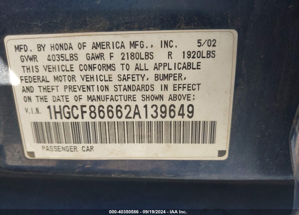 2002 HONDA ACCORD 2.3 VP VIN: 1HGCF86662A139649