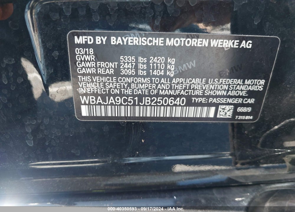 2018 BMW 530E IPERFORMANCE VIN: WBAJA9C51JB250640