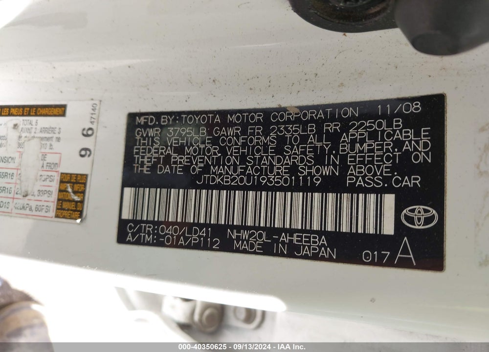 2009 TOYOTA PRIUS TOURING VIN: JTDKB20U193501119
