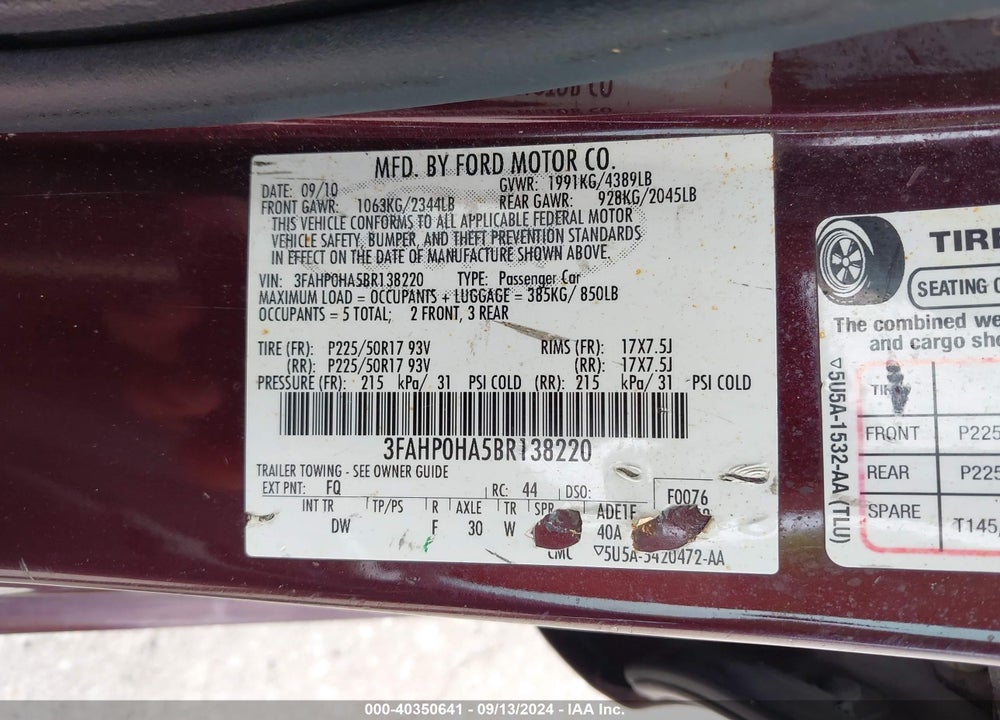 2011 FORD FUSION SE VIN: 3FAHP0HA5BR138220