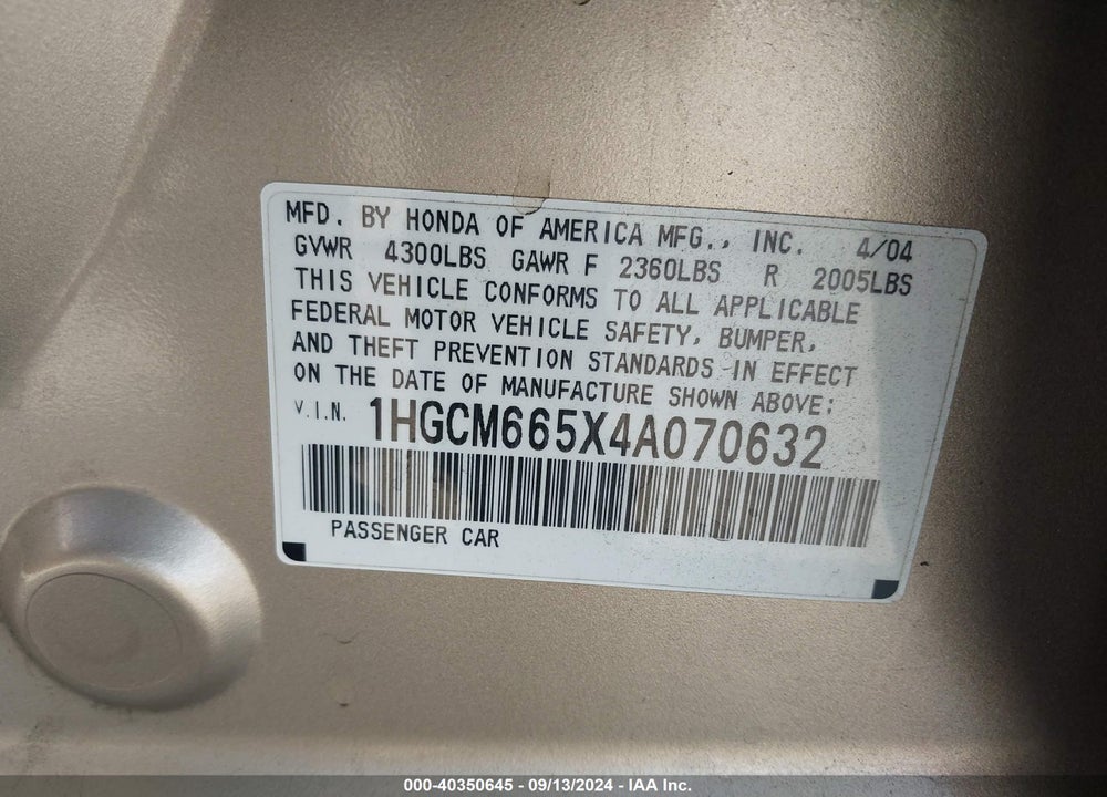 2004 HONDA ACCORD 3.0 EX VIN: 1HGCM665X4A070632