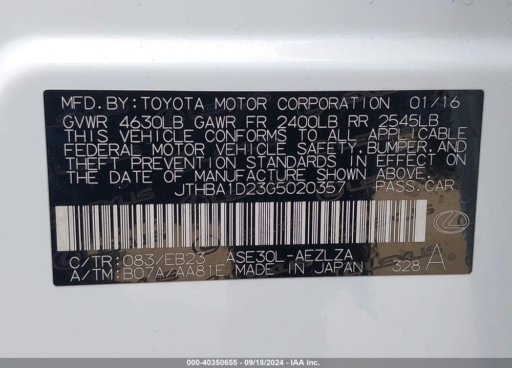 2016 LEXUS IS 200T VIN: JTHBA1D23G5020357