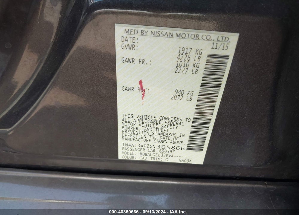 2016 NISSAN ALTIMA 2.5/2.5 S/2.5 SL/2.5 SR/2.5 SV VIN: 1N4AL3AP2GN305866