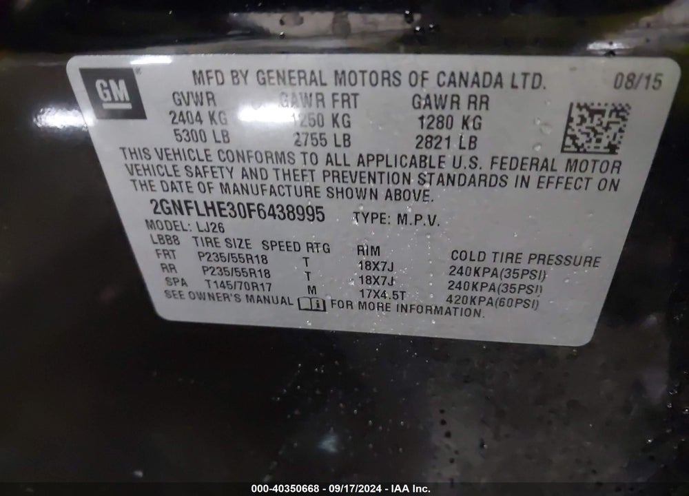 2015 CHEVROLET EQUINOX LTZ VIN: 2GNFLHE30F6438995