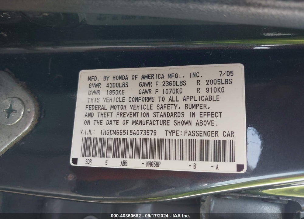 2005 HONDA ACCORD 3.0 EX VIN: 1HGCM66515A073579