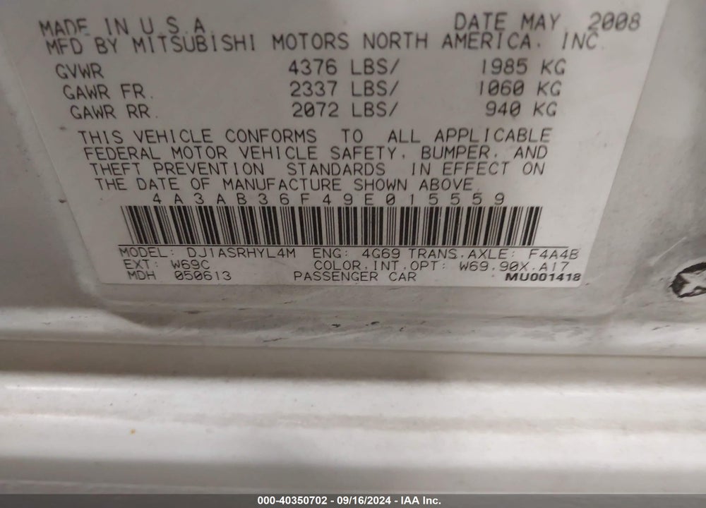 2009 MITSUBISHI GALANT ES/SPORT EDITION VIN: 4A3AB36F49E015559