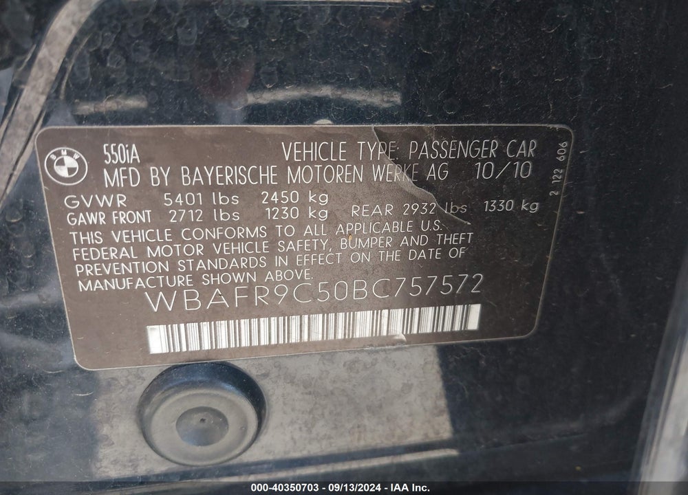 2011 BMW 550I VIN: WBAFR9C50BC757572