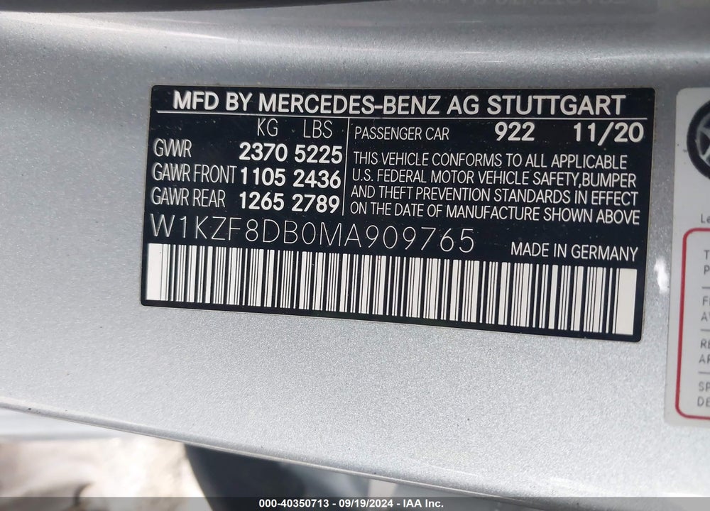 2021 MERCEDES-BENZ E 350 VIN: W1KZF8DB0MA909765