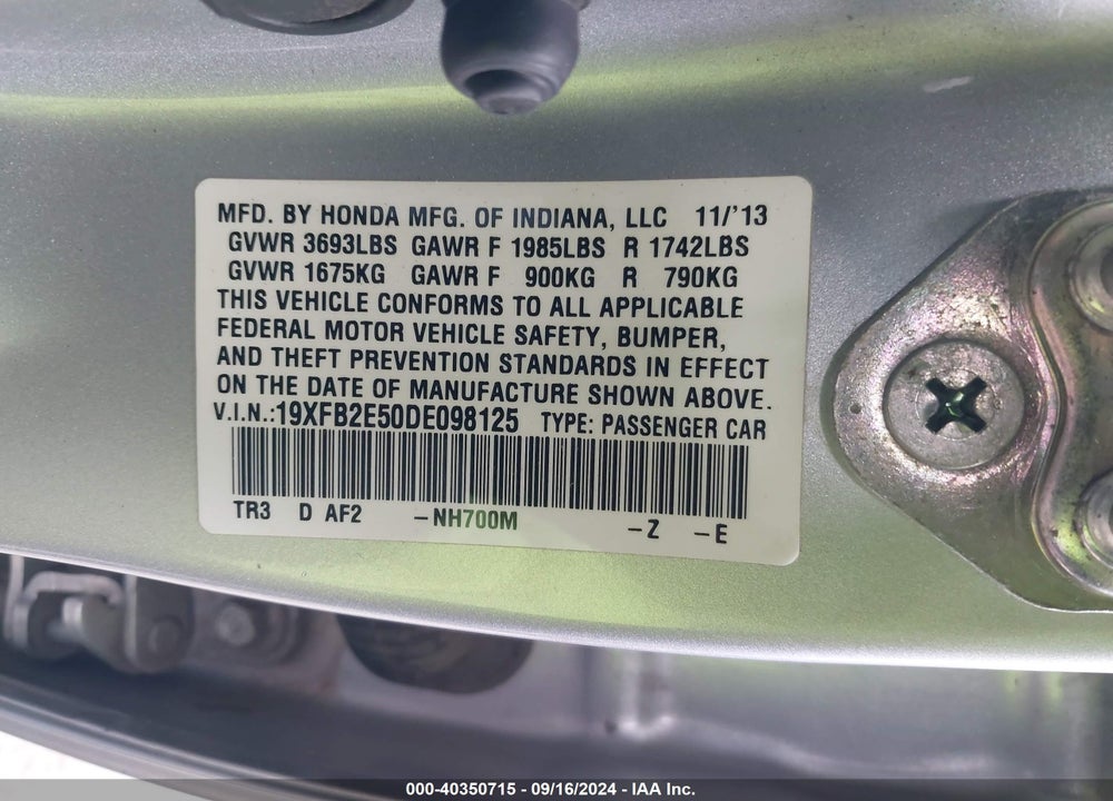 2013 HONDA CIVIC LX VIN: 19XFB2E50DE098125