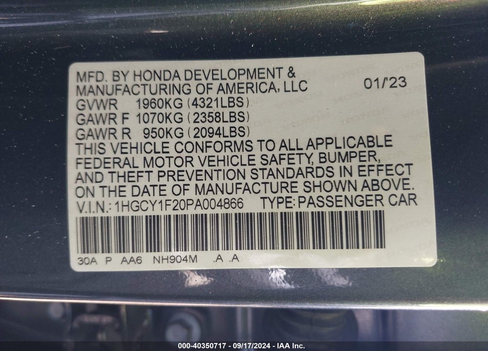 2023 HONDA ACCORD LX VIN: 1HGCY1F20PA004866
