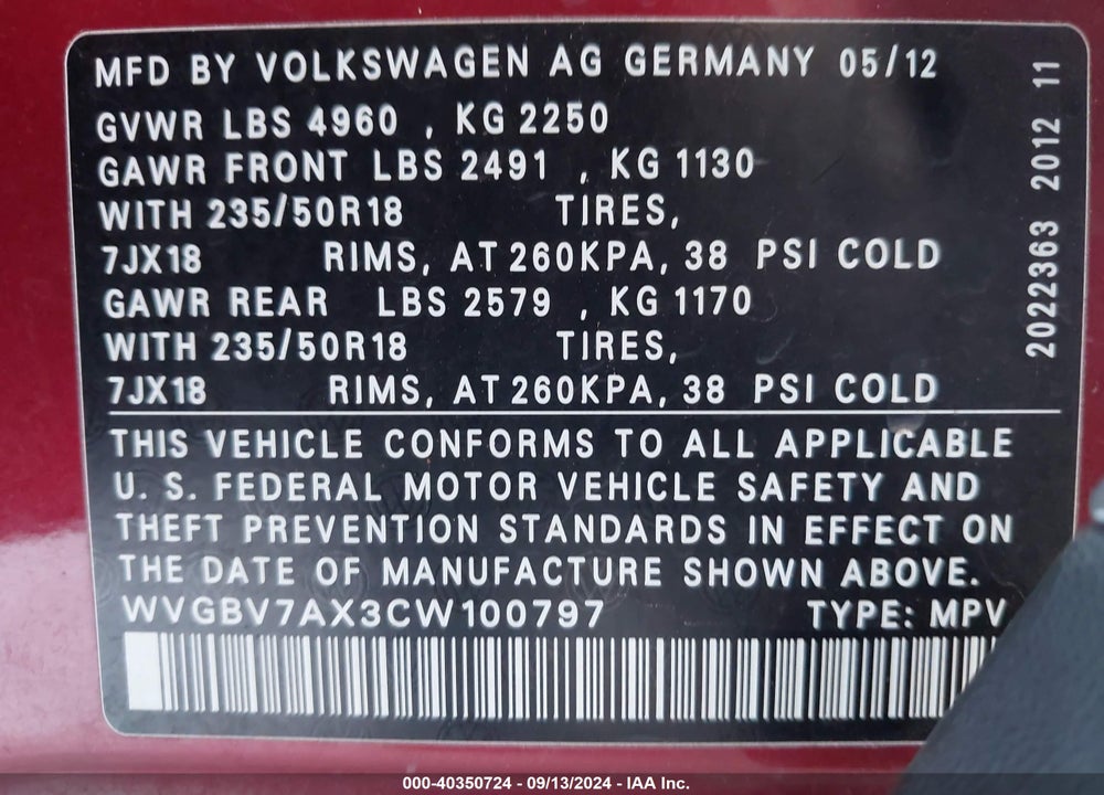 2012 VOLKSWAGEN TIGUAN SE VIN: WVGBV7AX3CW100797
