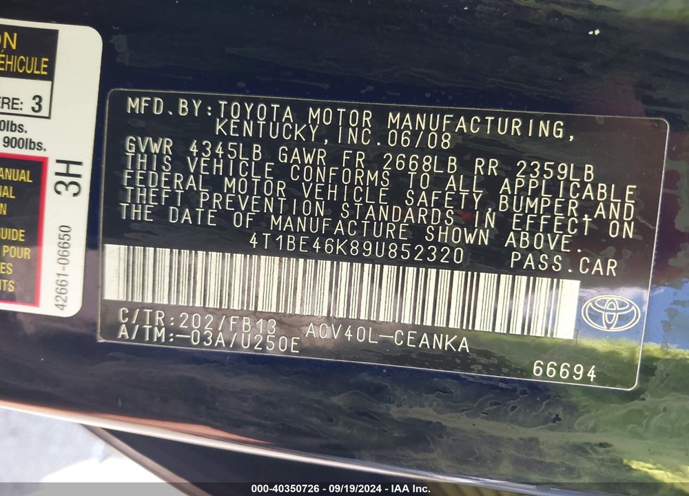 2009 TOYOTA CAMRY VIN: 4T1BE46K89U852320