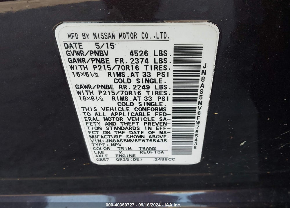 2015 NISSAN ROGUE SELECT S VIN: JN8AS5MV6FW765435