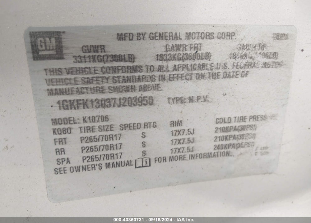 2007 GMC YUKON SLE VIN: 1GKFK13037J203950