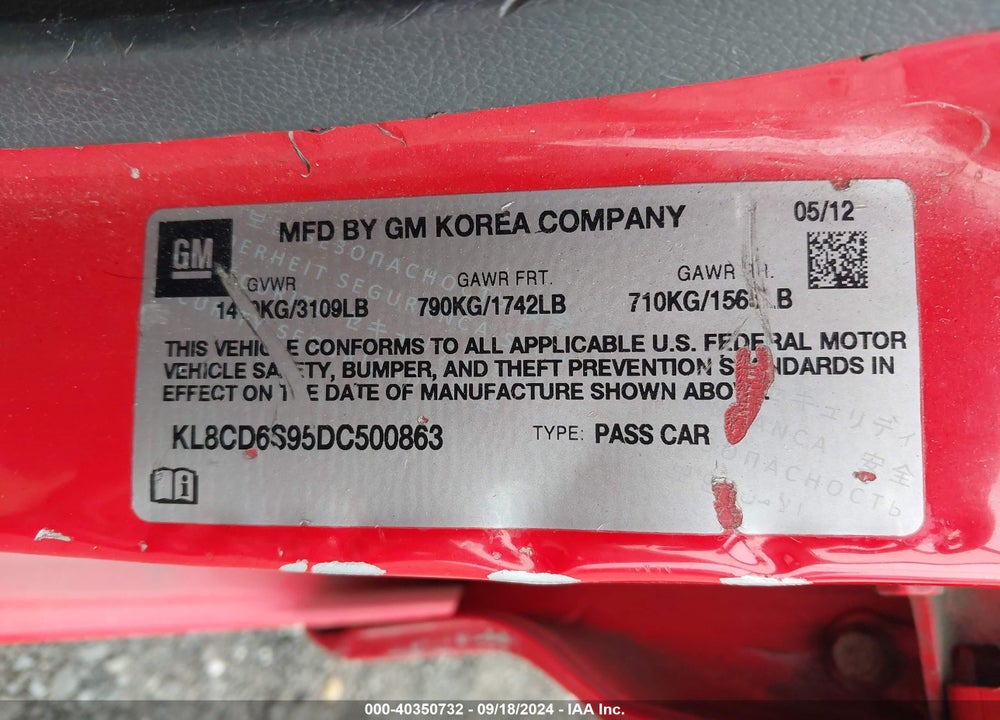 2013 CHEVROLET SPARK 1LT AUTO VIN: KL8CD6S95DC500863