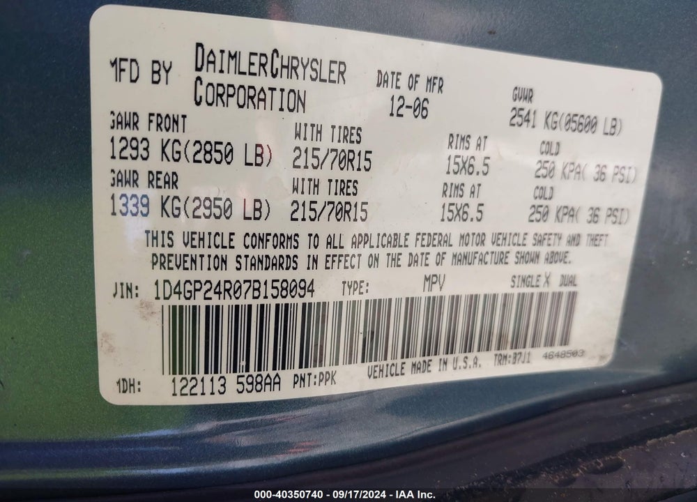 2007 DODGE GRAND CARAVAN SE VIN: 1D4GP24R07B158094