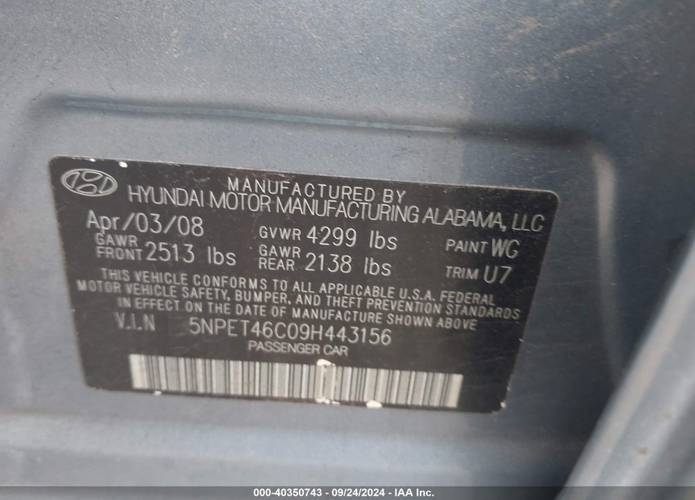 2009 HYUNDAI SONATA GLS VIN: 5NPET46C09H443156