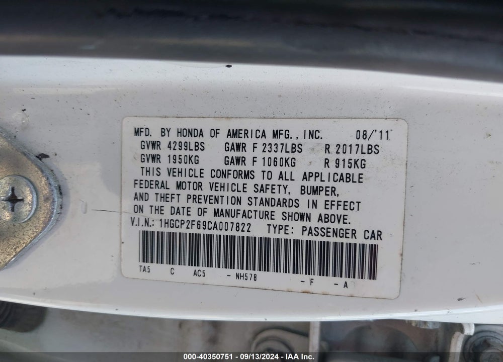 2012 HONDA ACCORD 2.4 SE VIN: 1HGCP2F69CA007822