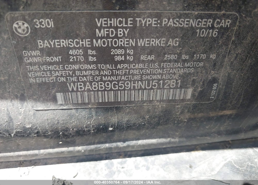 2017 BMW 330I VIN: WBA8B9G59HNU51281