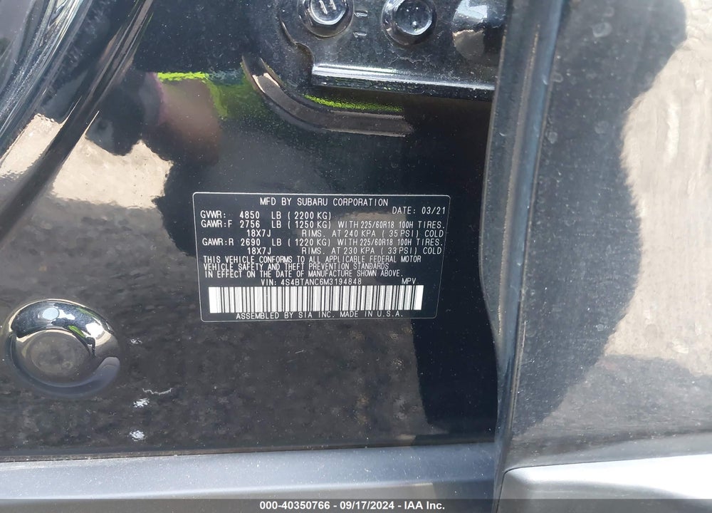 2021 SUBARU OUTBACK LIMITED VIN: 4S4BTANC6M3194848