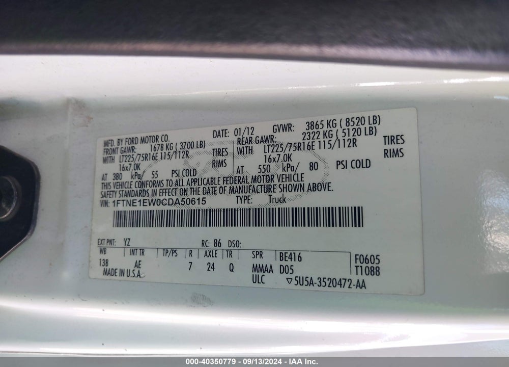 2012 FORD E-150 COMMERCIAL VIN: 1FTNE1EW0CDA50615