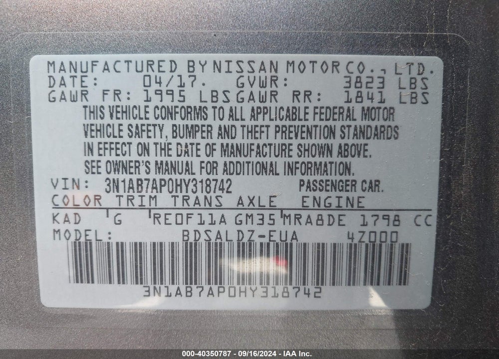2017 NISSAN SENTRA SV VIN: 3N1AB7AP0HY318742