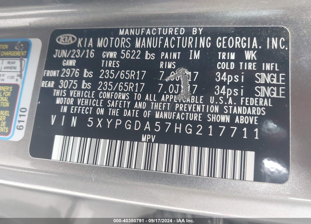 2017 KIA SORENTO 3.3L LX VIN: 5XYPGDA57HG217711