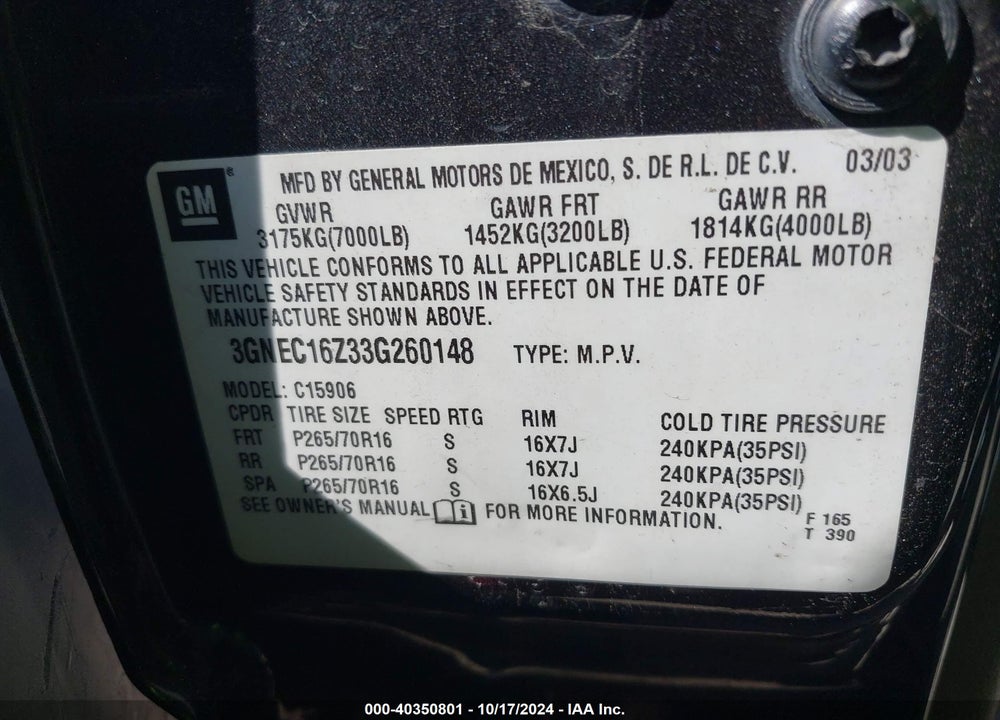 2003 CHEVROLET SUBURBAN 1500 LS VIN: 3GNEC16Z33G260148