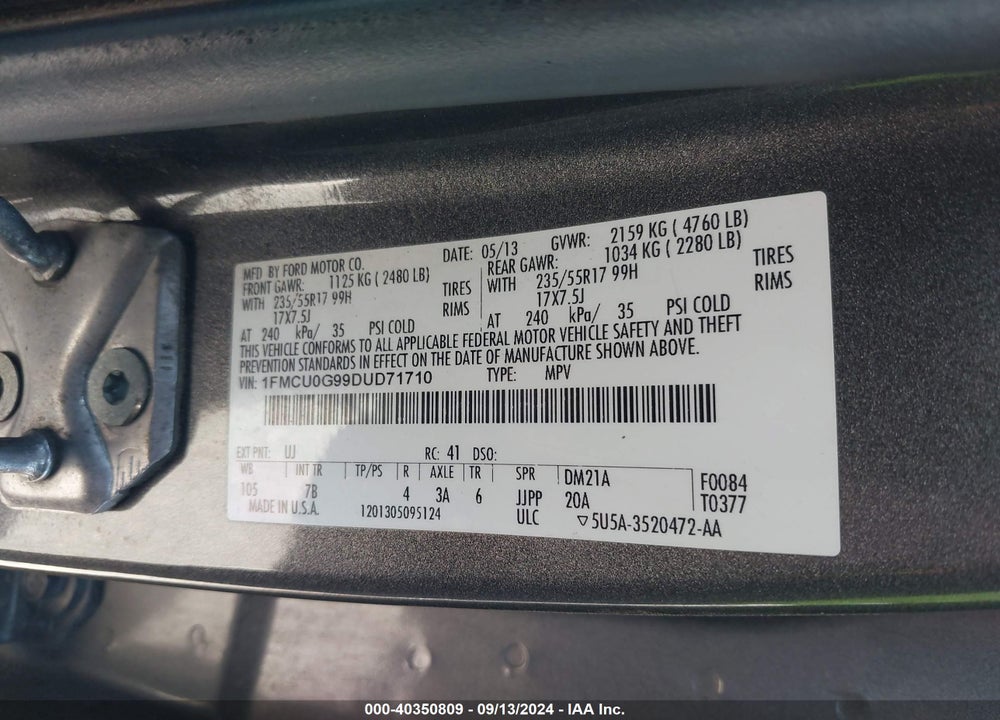 2013 FORD ESCAPE SE VIN: 1FMCU0G99DUD71710