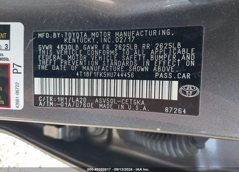 2017 TOYOTA CAMRY XLE VIN: 4T1BF1FK5HU744456