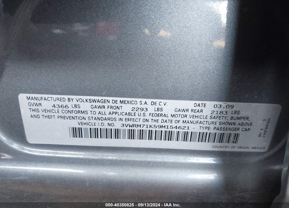 2009 VOLKSWAGEN JETTA SE VIN: 3VWRM71K59M154621