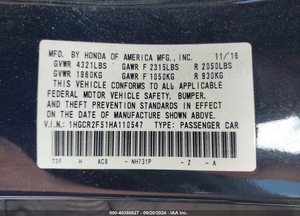 2017 HONDA ACCORD SPORT VIN: 1HGCR2F51HA110547