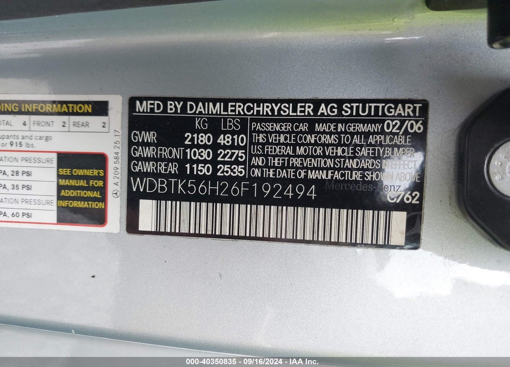 2006 MERCEDES-BENZ CLK 350 VIN: WDBTK56H26F192494