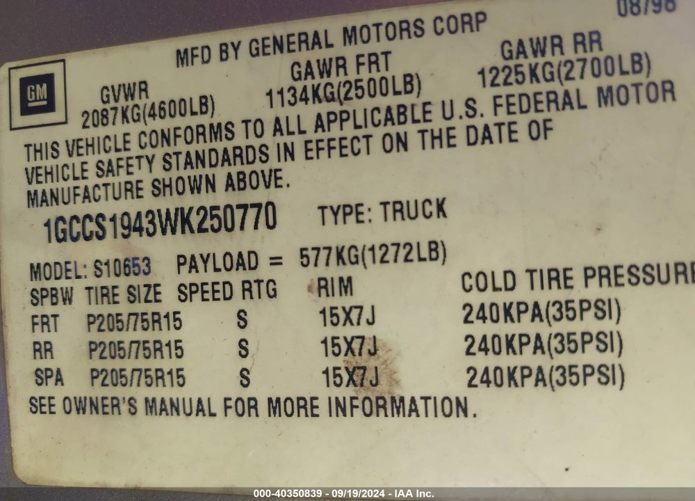 1998 CHEVROLET S-10 LS FLEETSIDE VIN: 1GCCS1943WK250770