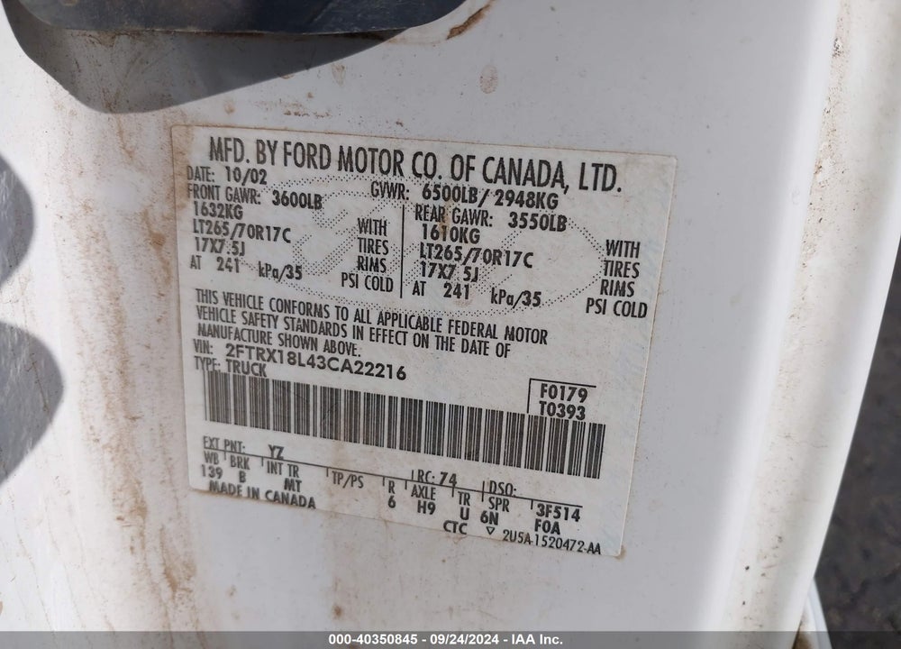 2003 FORD F-150 LARIAT/XL/XLT VIN: 2FTRX18L43CA22216
