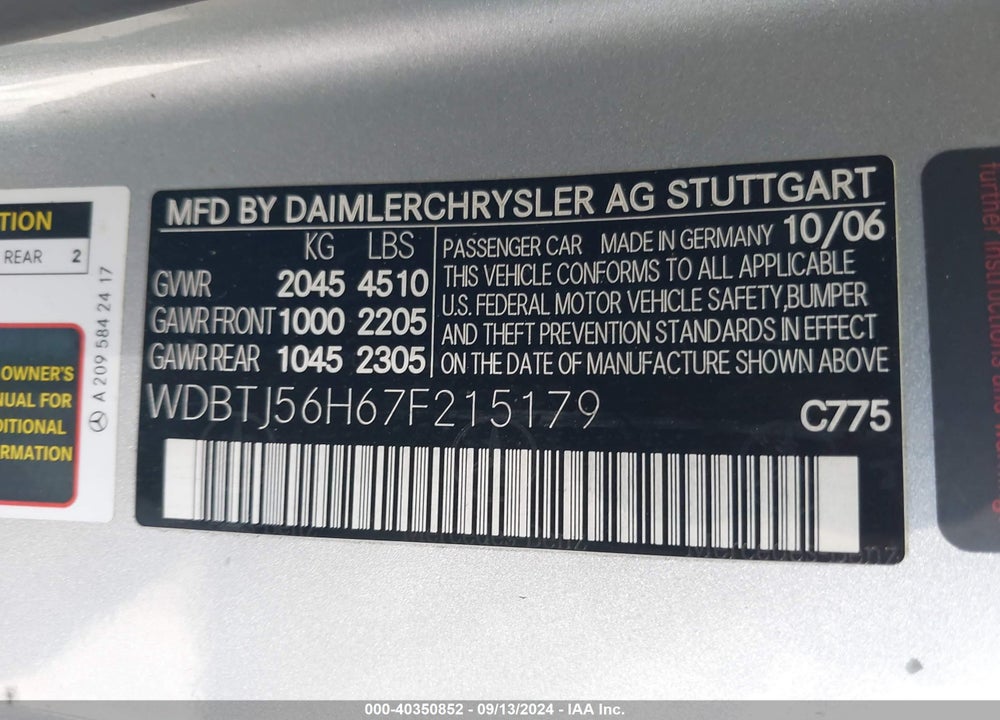 2007 MERCEDES-BENZ CLK 350 VIN: WDBTJ56H67F215179