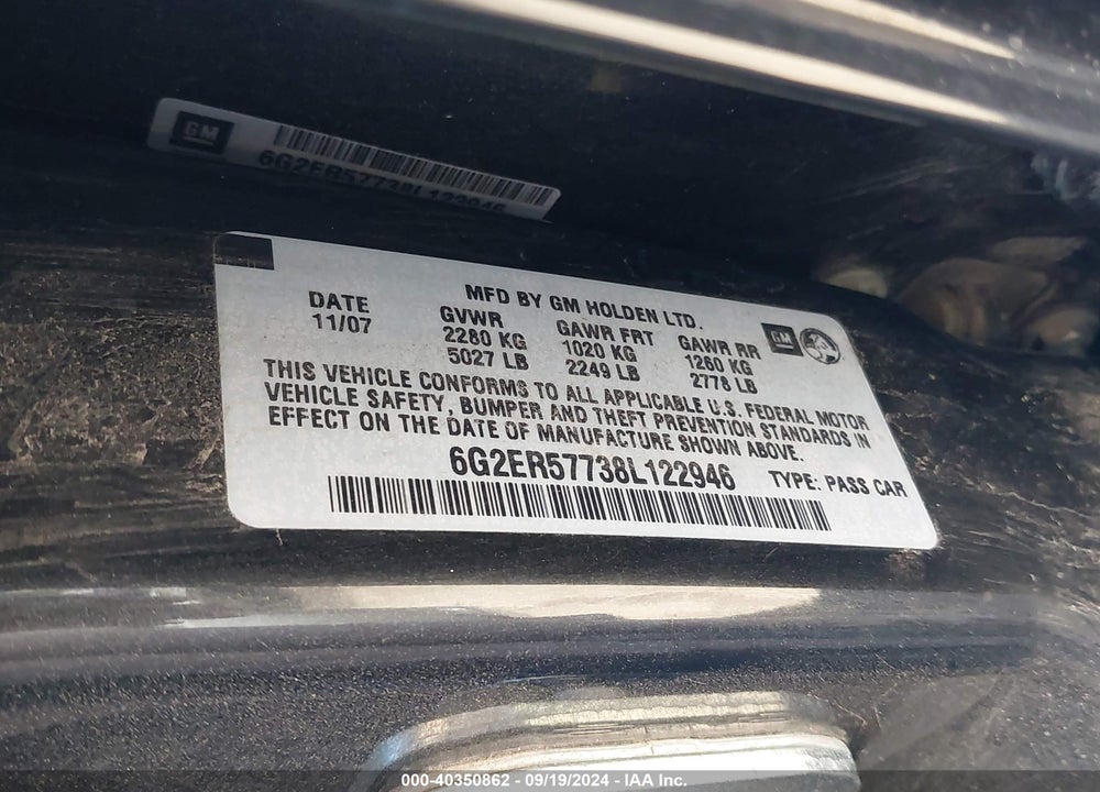 2008 PONTIAC G8 VIN: 6G2ER57738L122946