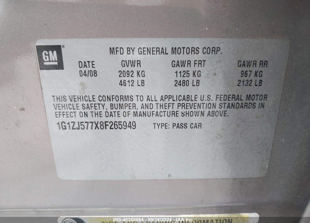 2008 CHEVROLET MALIBU LT VIN: 1G1ZJ577X8F265949