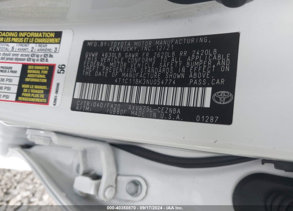 2022 TOYOTA CAMRY LE AWD VIN: 4T1C11BK3NU054774