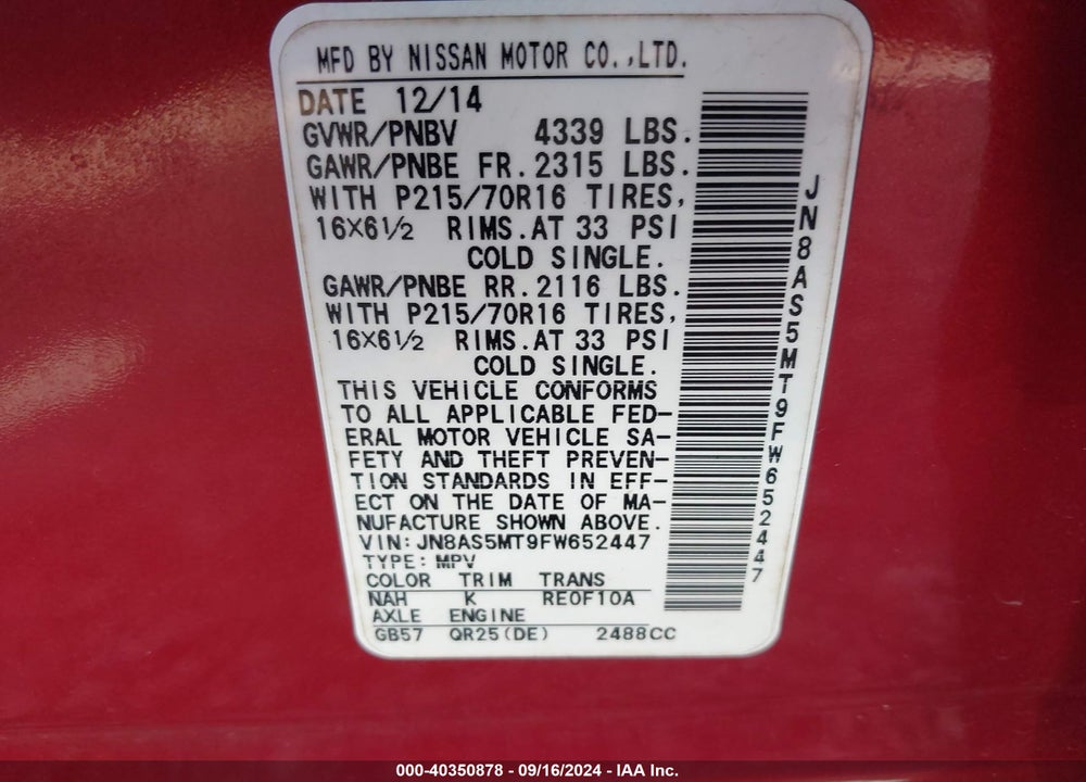 2015 NISSAN ROGUE SELECT S VIN: JN8AS5MT9FW652447