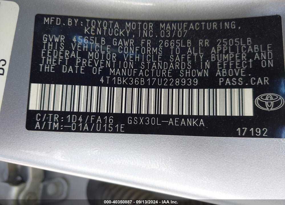 2007 TOYOTA AVALON XL VIN: 4T1BK36B17U228939