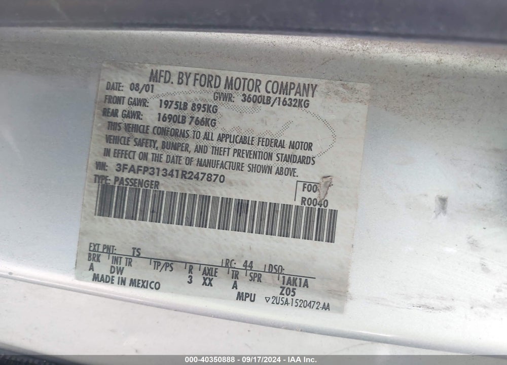 2001 FORD FOCUS ZX3 VIN: 3FAFP31341R247870